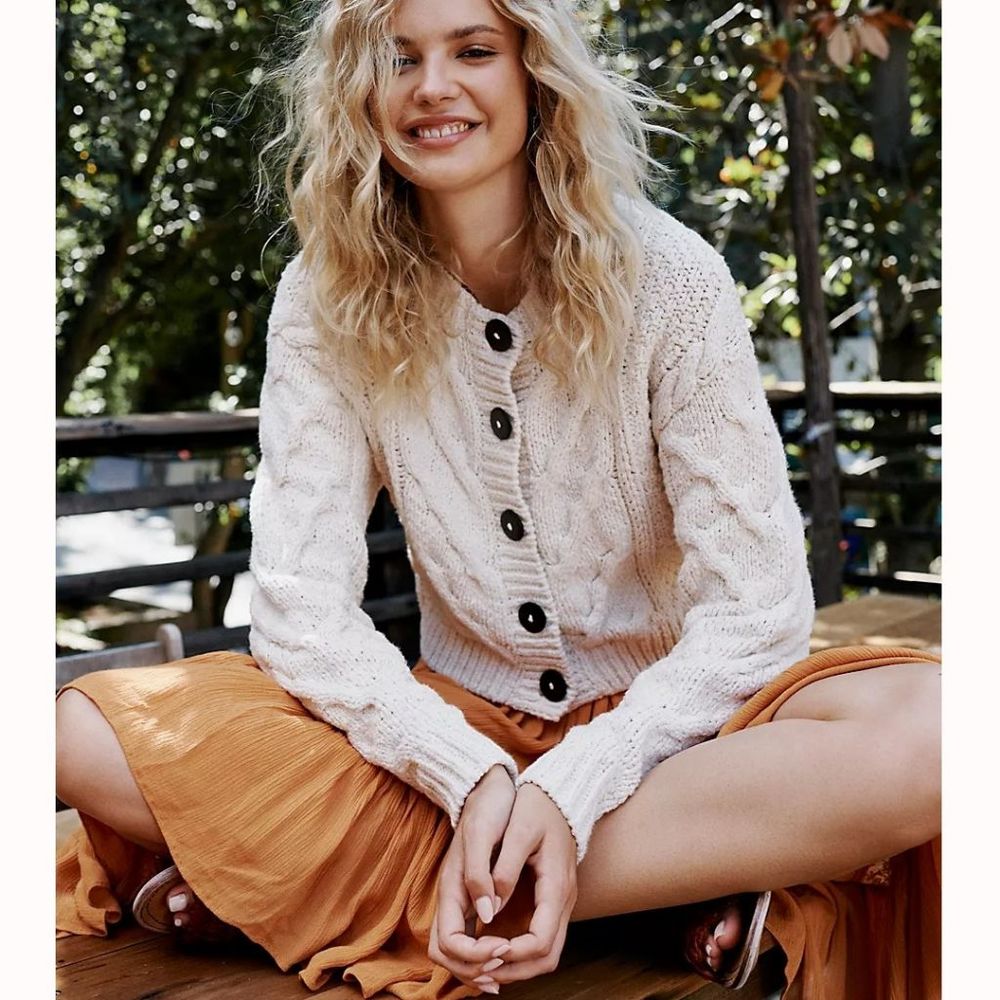 Free People Cream Cable Knit Button-Front Cardigan